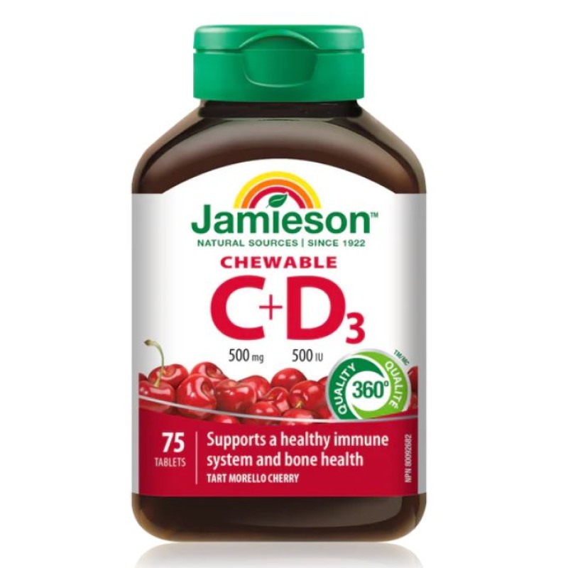 Jamieson Chewable Vitamin C 500mg+ Vitamin D3 500IU 30 Tablets