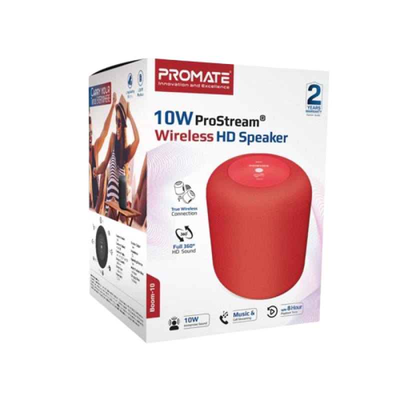 Promate BOOM-10 ProStream Wireless HD Speaker – Blue/Red | 10W Portable Bluetooth Speaker