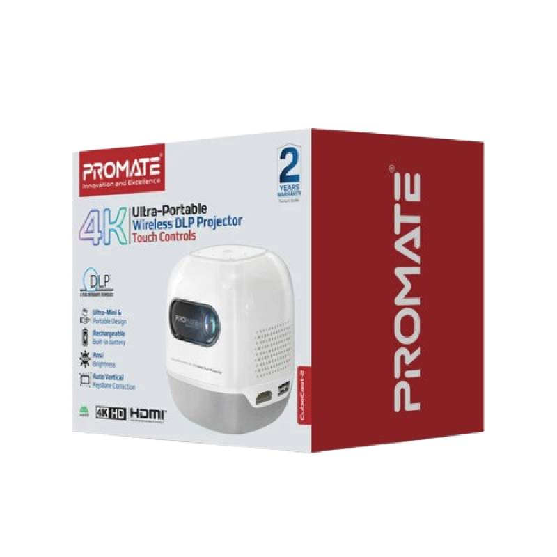 Promate CubeCast-2 4K Ultra-Portable Wireless DLP Projector with touch controls • DLP Technology  • Built-in Rechargle Battery • Supports upto 4K@60Hz • Auto Keystone • Built-In Speaker