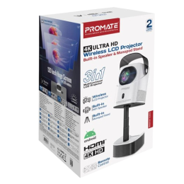 Promate Beamer-A250.UK Wireless 4K Ultra HD DLP Projector with Built-in HiFi Speaker • 250ANSI Brightness • Motorized Height adjustment • Bluetooth Audio Connectivity