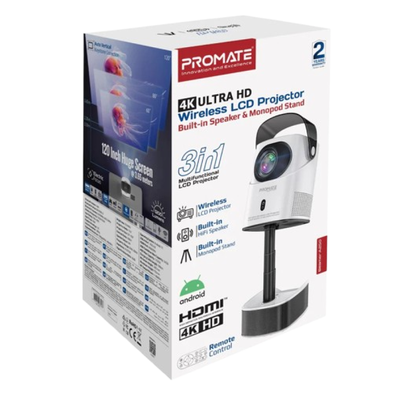 Promate Beamer-A250.UK Wireless 4K Ultra HD DLP Projector with Built-in HiFi Speaker • 250ANSI Brightness • Motorized Height adjustment • Bluetooth Audio Connectivity