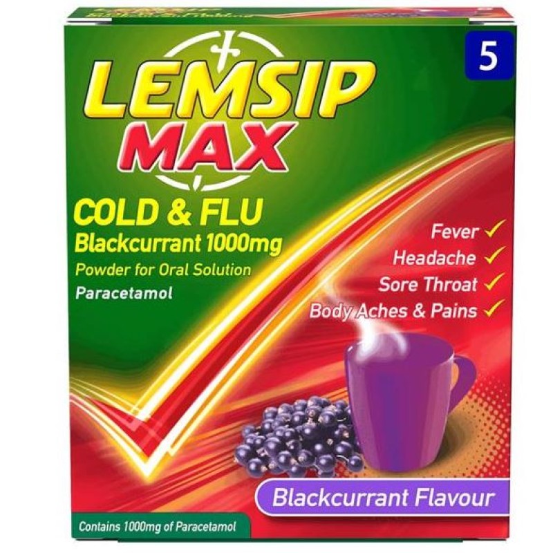Lemsip Max Strength Cold and Flu Blackcurrant 1000mg 5 Sachets