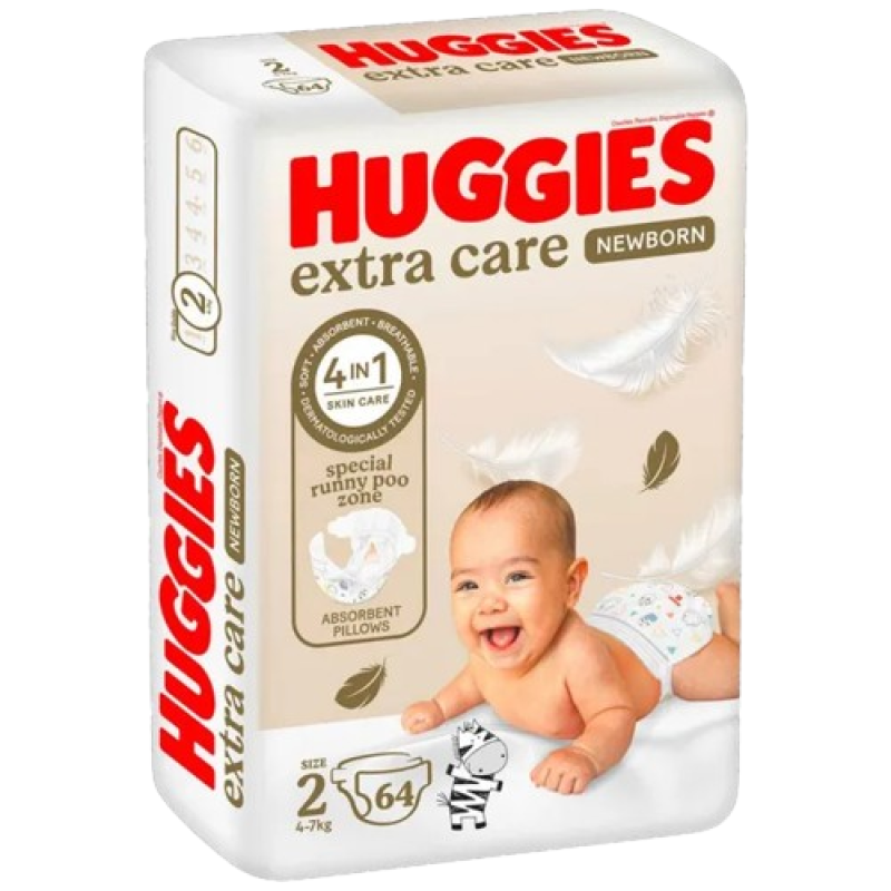 Huggies Extra Care Dry Comfort Diapers 4-17gs Size 2, 64 Pieces