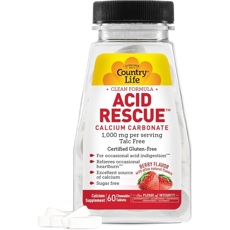 Country Life Acid Rescue 1000mg Chewable Berry 60 Tablets