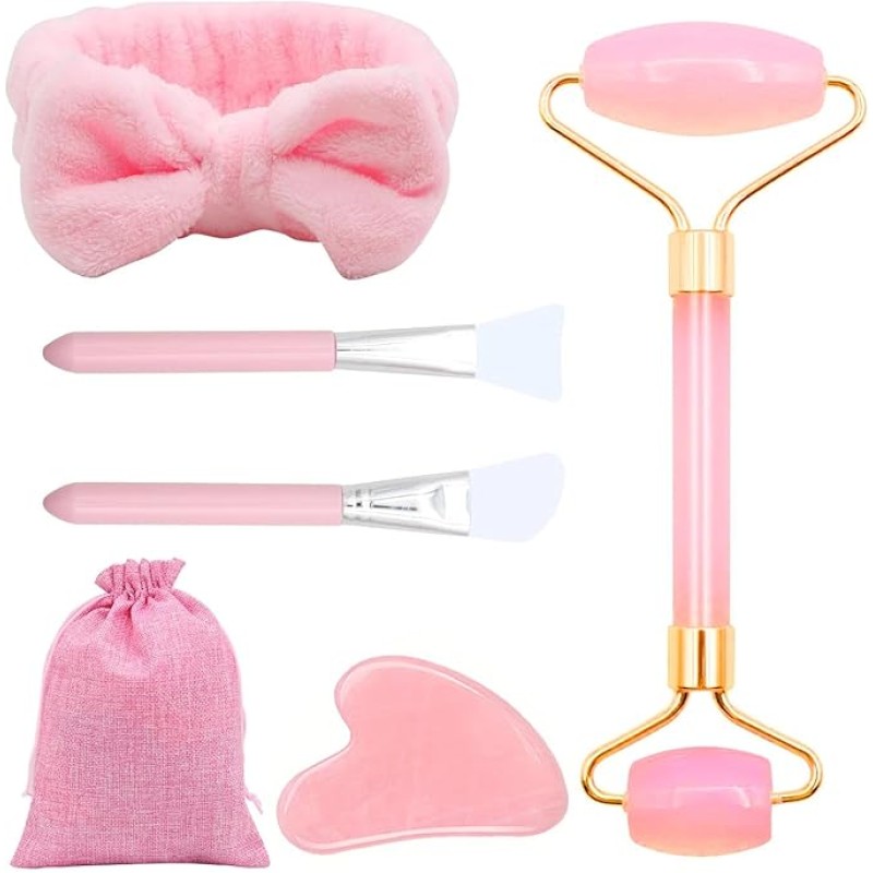 Pink Resin Face Massager Roller Set with Gua Sha