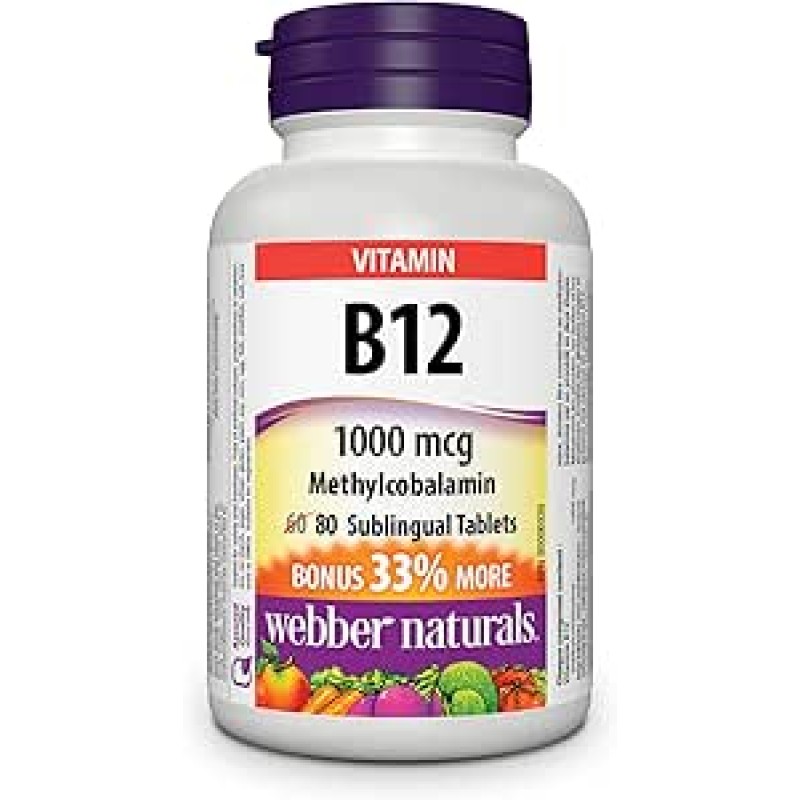 Webber Naturals B12 Methylcobalamin 1000mcg Sublingual 80 Tablets