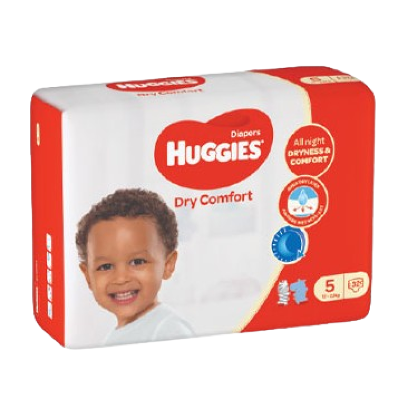 HUGGIES SIZE 5 DRY COMFORT DIAPERS 12-22kgs 32's