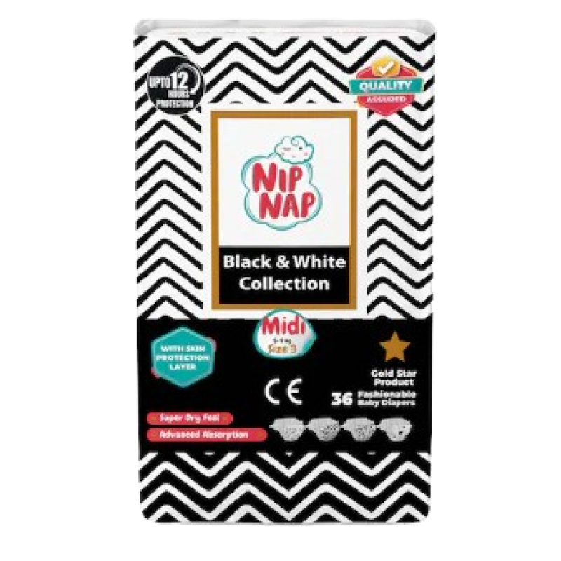 NIPNAP SIZE 3 MIDI BLACK AND WHITE COLLECTION BABY DIAPERS MIDI 36's