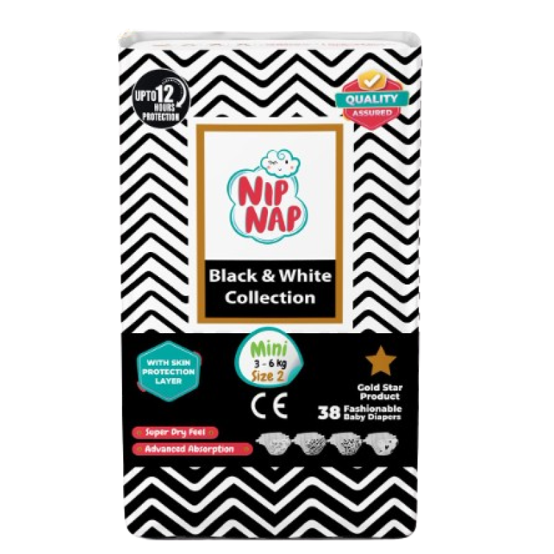 NIPNAP SIZE 2 BLACK AND WHITE COLLECTION BABY DIAPERS MINI 38'S