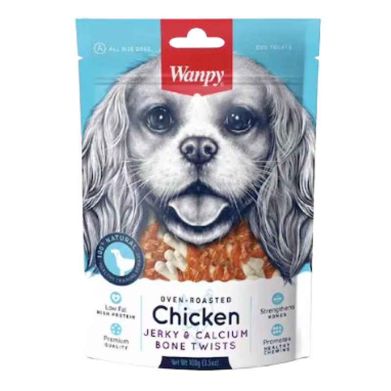 WANPY DOG FOOD CHICKEN JERKY & CALCIUM BONE TWISTS 100G