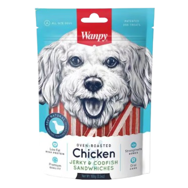 WANPY DOG FOOD CHICKEN JERKY & CODFISH SANDWICHES 100G