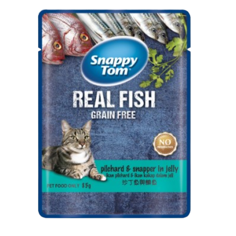 SNAPPY TOM REAL FISH GRAIN FREE CAT FOOD, PILCHARD & SNAPPER IN JELLY 85G