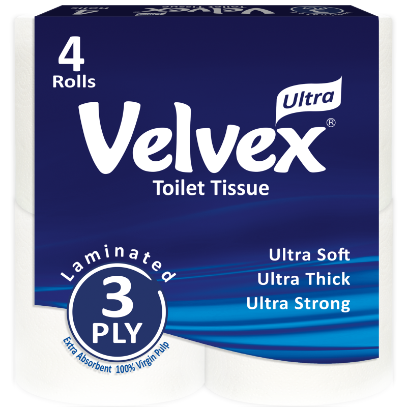Velvex Toilet Paper 3-Ply, 4pack Unwrapped 12pieces in a Carton
