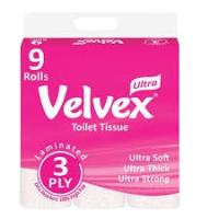 Velvex Toilet Paper Ultra Printed 3-Ply, 9pack Unwrapped 6pieces in a Carton