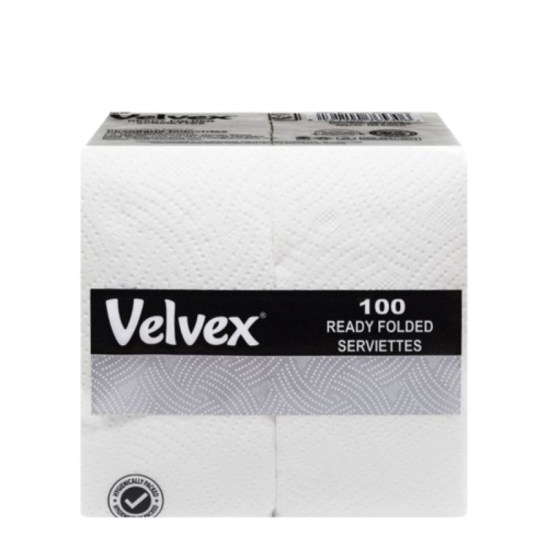 Velvex White Ready Folded Serviettes 100's in a Pack, 18 Packs in a Carton