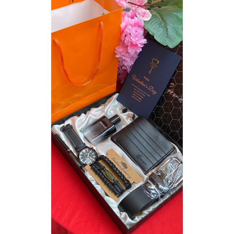 Men’s Gift Box with Stylish Watch, Belt, Wallet, Perfume, Cufflinks, Bangles & Accessories Valentines Set