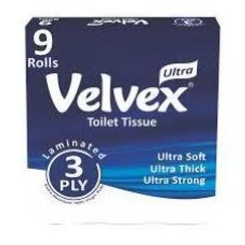Velvex Toilet Paper 3-Ply, 9 Rolls Unwrapped, Packs of 6 in a Carton