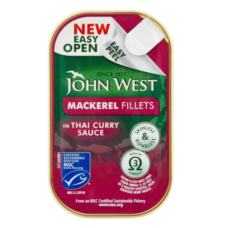 JOHN WEST SKINLESS & BONELESS MACKEREL IN THAI CURRY SAUCE 115G