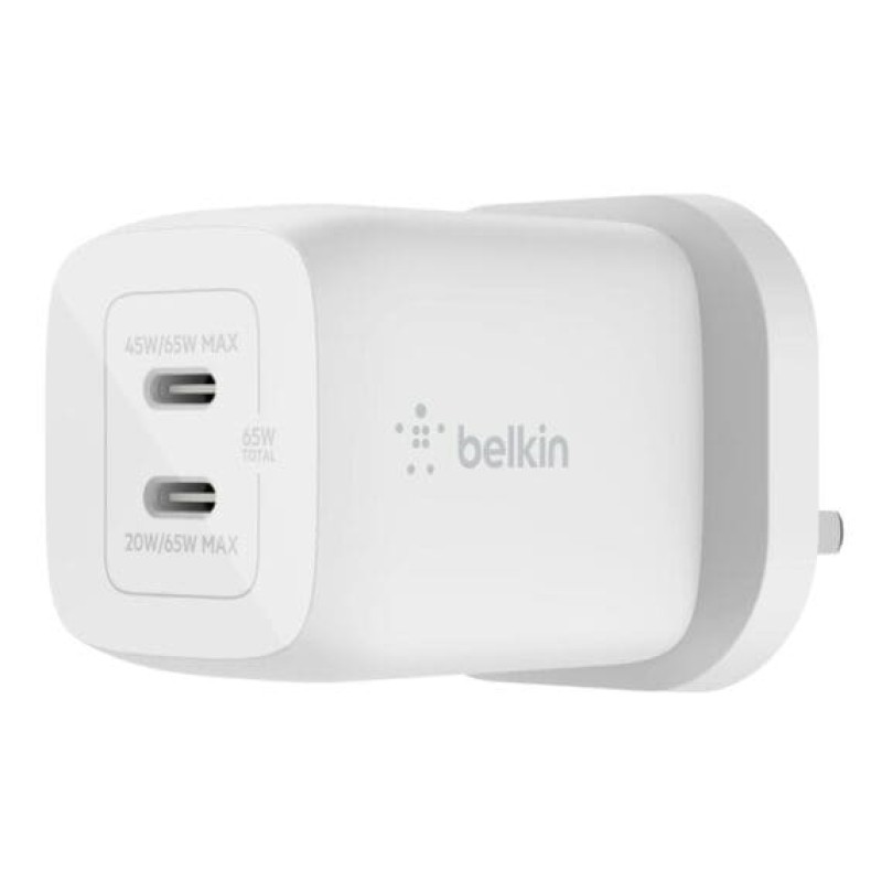 BELKIN DUAL 65W USB-C PD GAN, 65W SINGLE PORT USE, PD 45W, PD 20W DUAL PORT USE WCH013MYWH