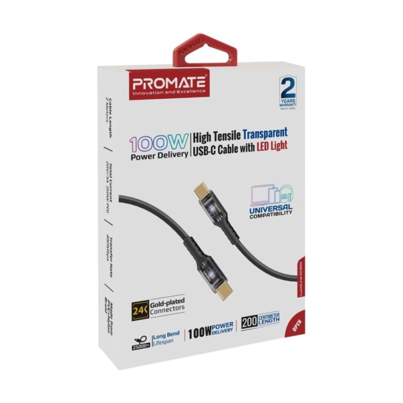 Promate 100W Ultra-Fast USB-C to USB-C Cable 2m LUCIDLINE-CC200.BLACK Promate 100W Ultra-Fast USB-C to USB-C Cable 2m LUCIDLINE-CC200.BLACK