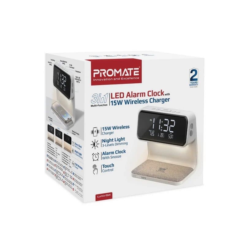 Promate 3-in-1 LED Alarm Clock with 15W Wireless Charger LUMIX-15W Promate 3-in-1 LED Alarm Clock with 15W Wireless Charger LUMIX-15W