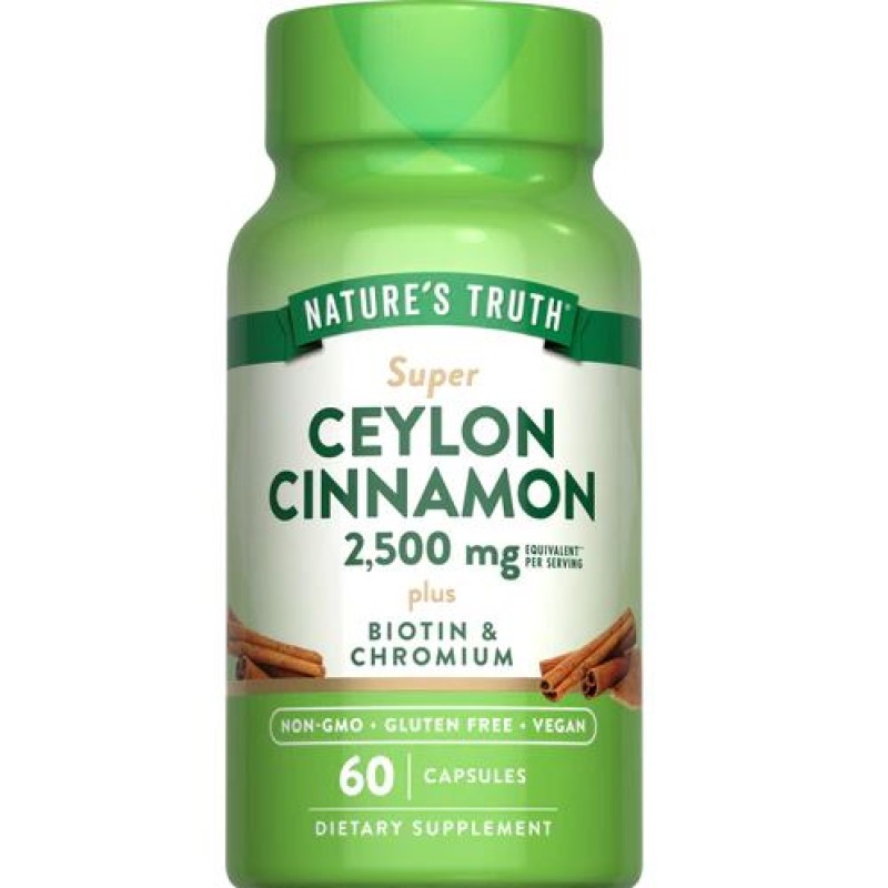 Natures Truth Ceylon Cinnamon 2500mg with Biotin & Chromium 60 Veg Capsules 