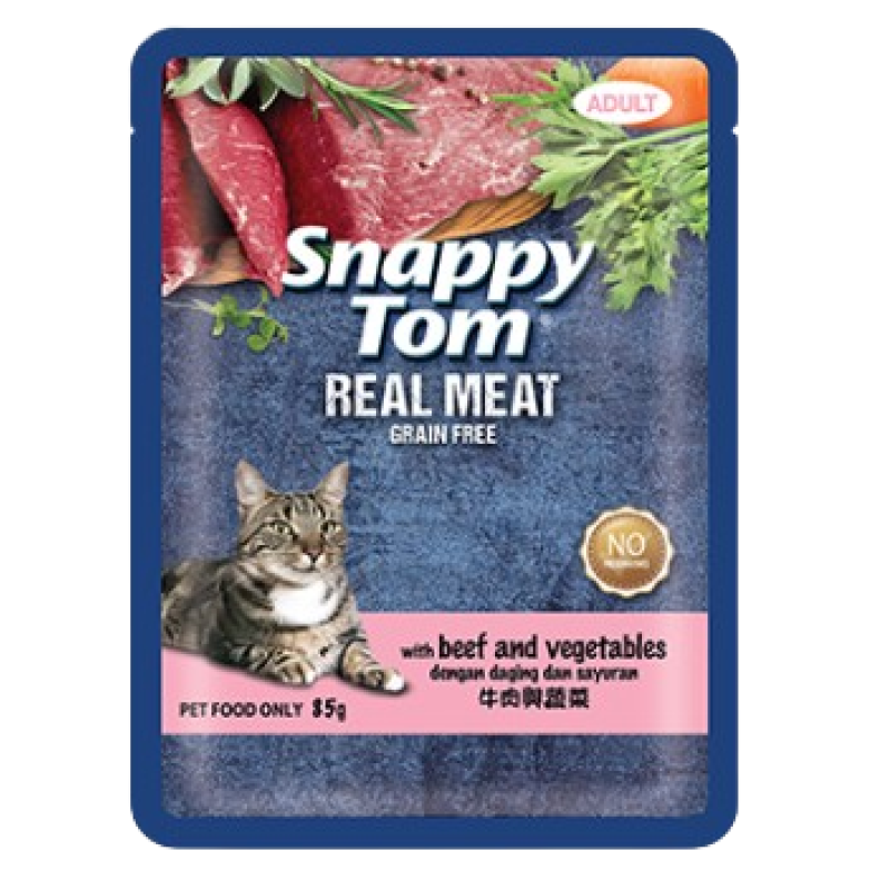 SNAPPY TOM REAL MEAT GRAIN FREE ADULT CAT FOOD, BEEF AND VEGETABLES IN JELLY 85G SNAPPY TOM REAL MEAT GRAIN FREE ADULT CAT FOOD, BEEF AND VEGETABLES IN JELLY 85G