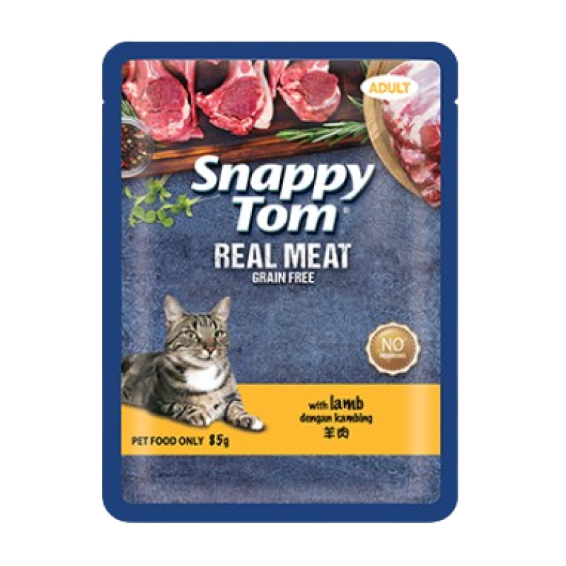 SNAPPY TOM REAL MEAT GRAIN FREE ADULT CAT FOOD IN JELLY, LAMB FLAVOUR 85G	