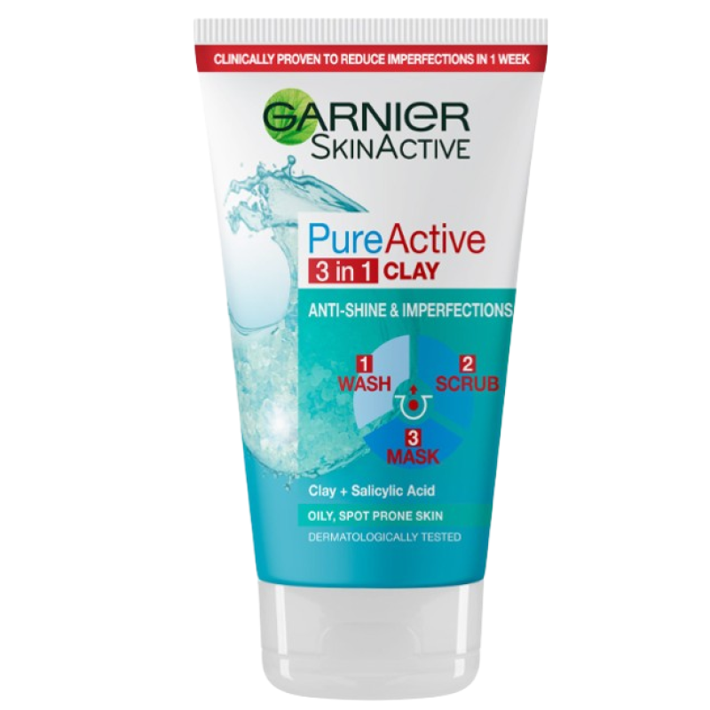 GARNIER PURE ACTIVE 3 IN 1 CLAY WASH SCRUB AND MASK 150 ML