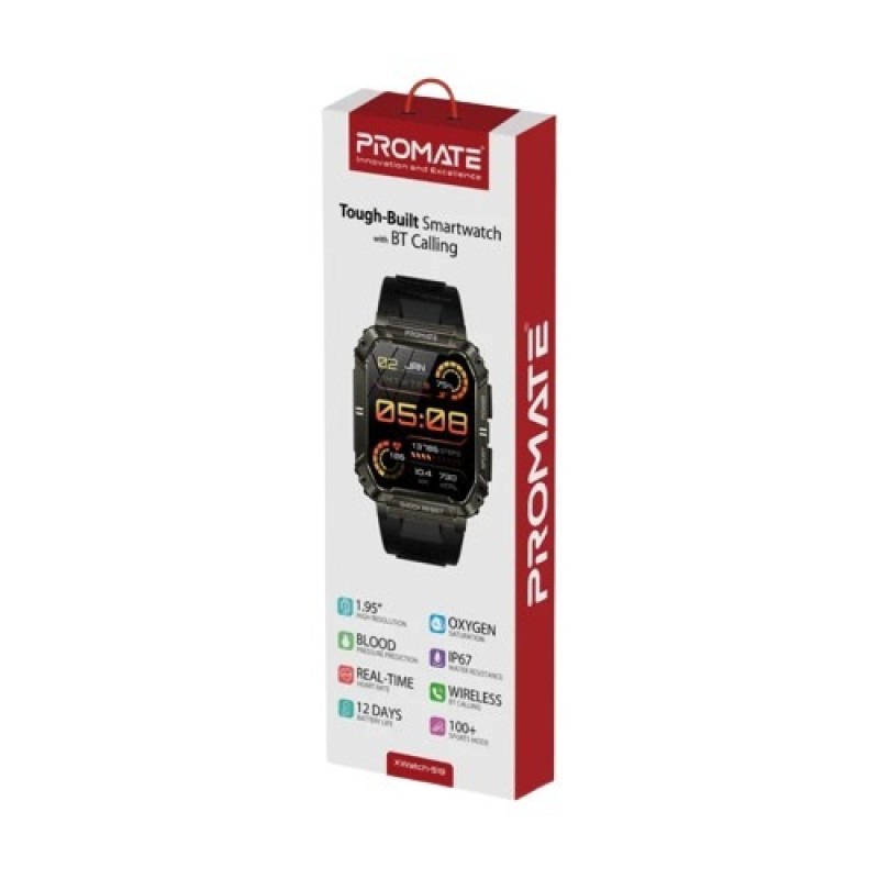 Promate XWATCH-S19.BLACK – Rugged 1.95" Smartwatch with IP67 Water Resistance & Extras