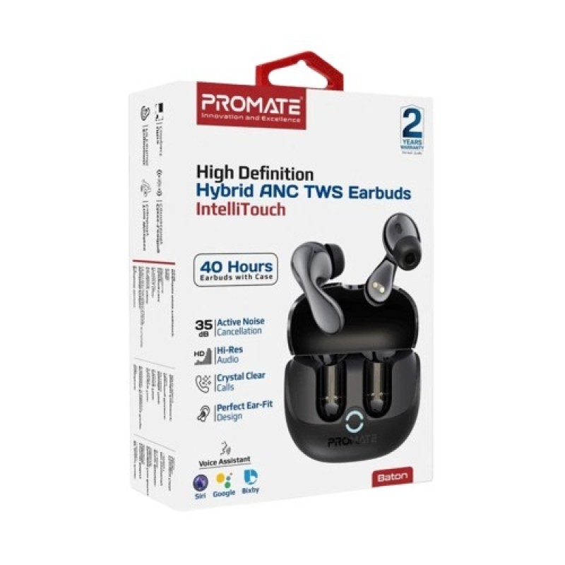PROMATE BATON HYBRID ANC TWS EARBUDS WITH INTELLITOUCH • 40 HRS PLAYBACK • ENC NOISE REDUCTION FOR CLEAR CALLS