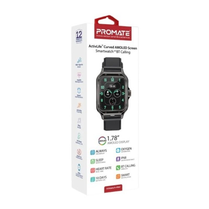 Promate XWATCH-RM.BLACK – Premium 1.78” Curved AMOLED Smartwatch with Stainless Steel Casing & IP68 Protection