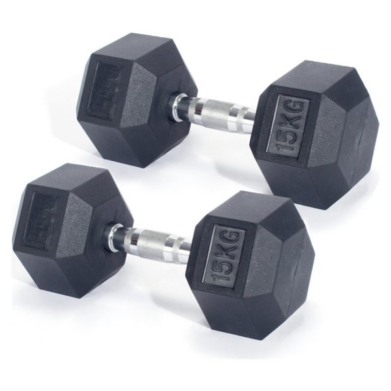 RUBBER HEX 15KG DUMBELLS (PAIR)