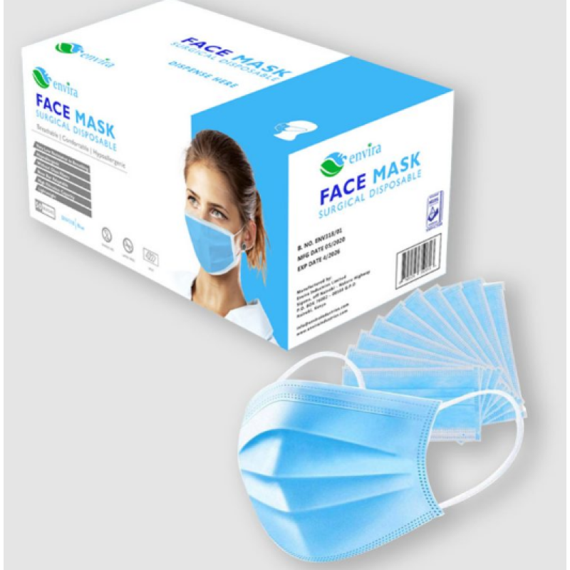 ENVIRA 3PLY SURGICAL DEPOSALE FACE MASKS 50PCS