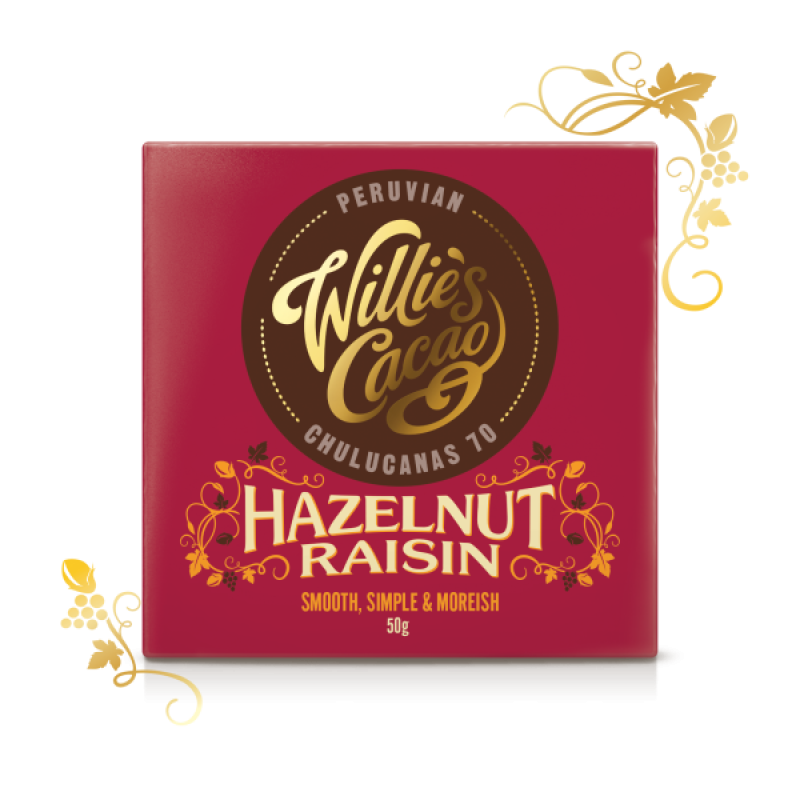 Willies Cacao Peruvian Chulucanas-hazlenut Raisin Dark Chocolate 70% 50g	