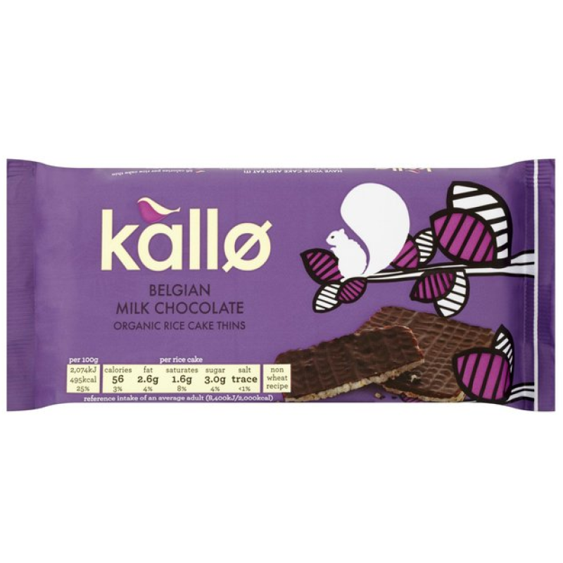 KALLO BELGIAN MILK CHOCOLATE ORGANIC RICE CAKE THINS 90GM