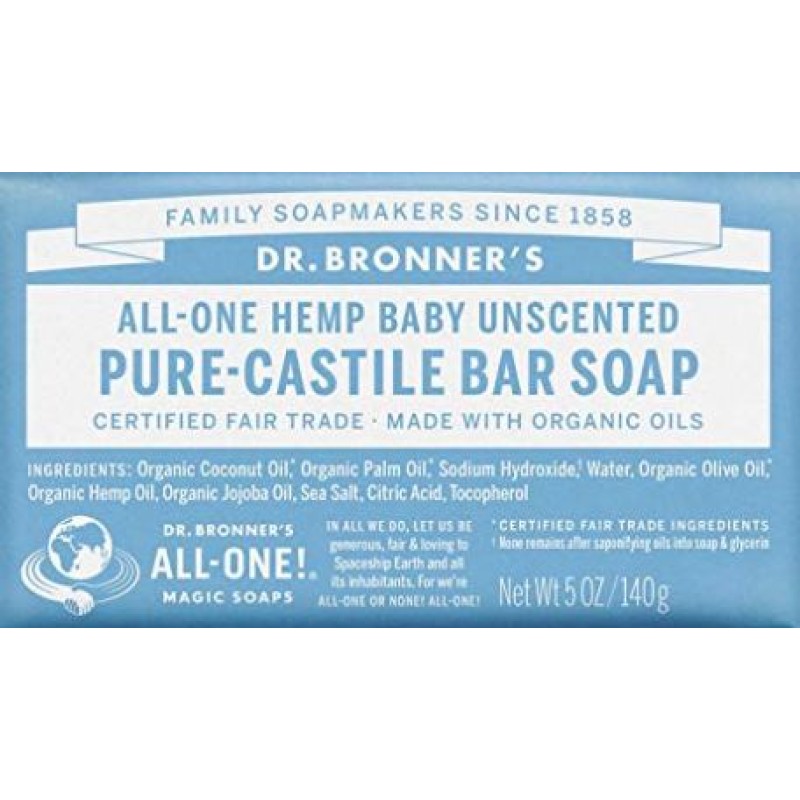 DR BRONNER'S ALL IN ONE HEMP BABY UNSCENTED PURE CASTILE BAR SOAP 140G