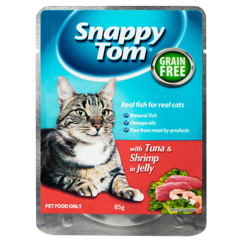 SNAPPY TOM REAL FISH GRAIN FREE CAT FOOD, TUNA & SHRIMP IN JELLY 85G	