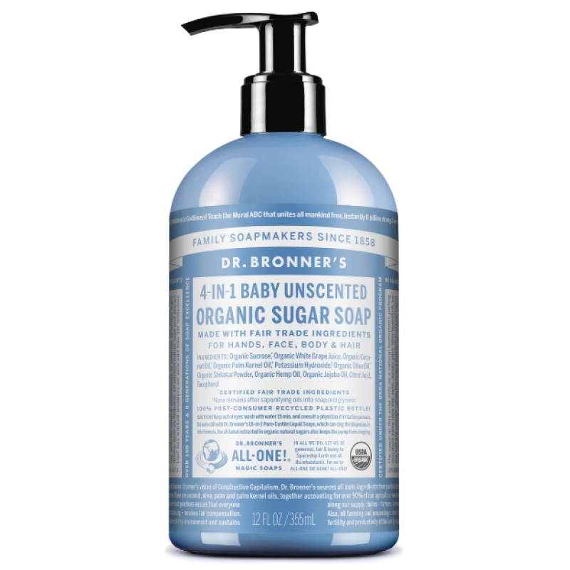 DR BRONNER'S BABY UNSCENTED ORGANIC SUGAR SOAP 355ML