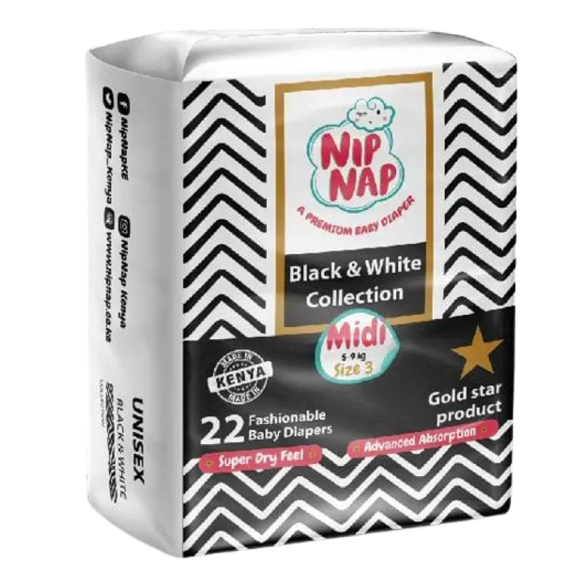 NIPNAP SIZE 3 BLACK AND WHITE COLLECTION BABY DIAPERS MIDI 22'S