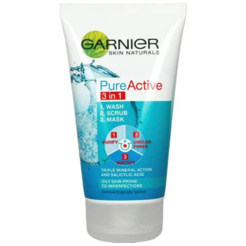 GARNIER PURE ACTIVE CLEANSER 3 IN 1 WASH, SCRUB, MASK 150Ml